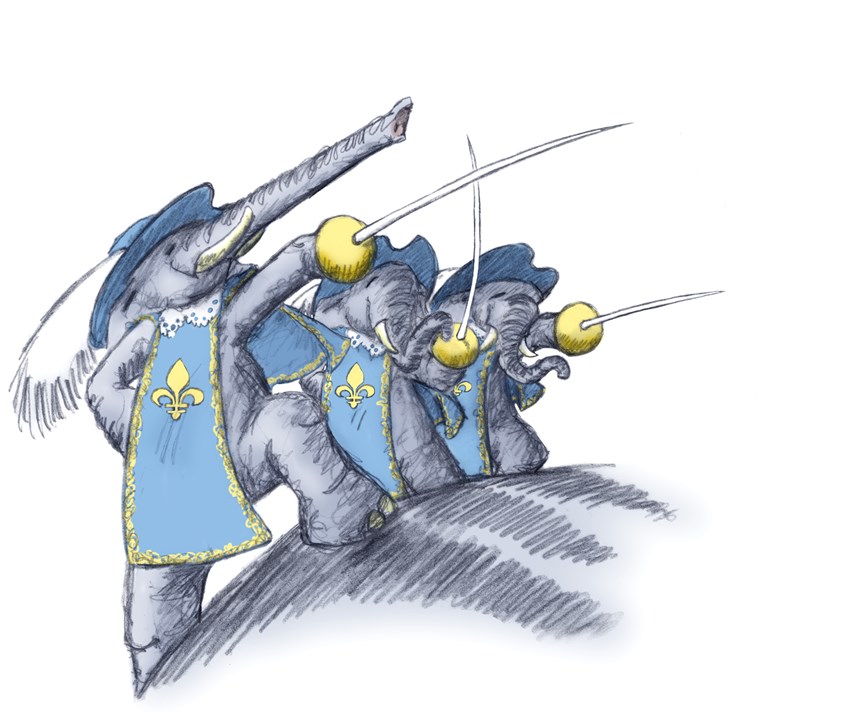 illustration of Illustration for The Twelve Elephants of Christmas. The Three French Elephants, adaptation of the Classic Christmas Carol The Twelve Days of Christmas.
Wildlife, Singing, Christmas, Carols, Children, Children's Book, Picture Book, Picture, Illustrator, Design, Art, Artist, Swords, Fantasy, Whimsical, Fun, Hats, Character Design