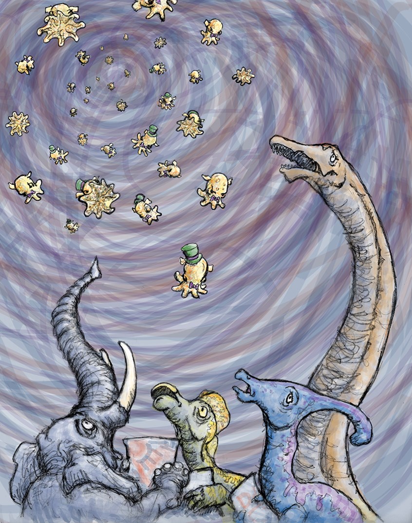 illustration of Alphabet picture book Illustration. “D is During a discussion of design dynamics with a defenseless duo of duck billed dinosaurs and a diplodocus, a deluge of dozens of dastardly debonair dumbo octopi daintily descended.” Octopus, Storm, Children's Book, Children, Elephant, Wildlife, Prehistoric, Illustrator, Art, Artist, Swirl, Bow Tie, Top Hat, Alliteration, Alphabet, Line, Animals, Trunk, Fun, Humorous, Whimsical, Fantasy, Fiction, Story,