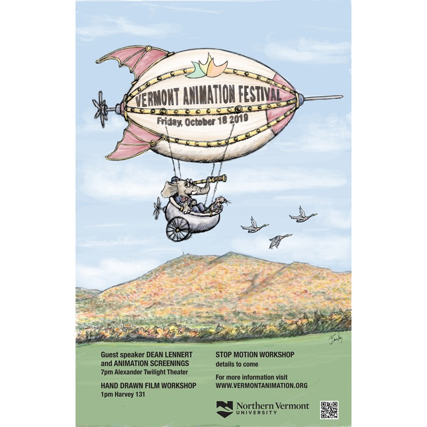 illustration of Illustration and design created for the Vermont Animation Festival, Poster, Poster, Animation, Blimp, Elephant, Otter, Duck, Fall Foliage, Vermont, Balloon, Bow Tie Guy, Bow Tie, Flying, Traveling, illustrator, Art, Advertising, Hot Air, Landscape, Scenery, Steam Punk, Flying, Freedom, Inflatable, Panoramic, Sky, Travel, Telescope, Wheel, Flying Machine, Autumn, Birds, Seasons, Artist, Animal, Leaves, Clouds, Line, Pencil, Color, Digital, Drawing, Children's Book, Picture Book. Fantasy, Fiction,