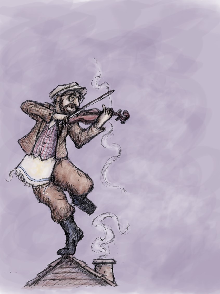 illustration of Poster illustration for the Vermont Childrens; Theater production of Fiddler on the Roof.
Man, Person, Violin, Musical, Music, Broadway, Theater, Religion, Character Design, Character, Precarious, Dancing, Playing, Instrument, Illustrator, Art, Artist, Line Work, Line, Smoke, Chimney, Period Piece, Hat, Newsboy Hat, Advertisement, Humorous, Whimsical, Lighthearted,