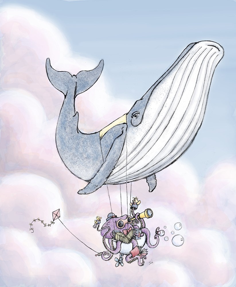 illustration of In the process of working on another illustration. I developed this illustration that shows the joy and magic of traveling.
octopus, traveling, flying, blue whale, balloon, toys, telescope, hand puppet, book, rubber duck, kite, bubbles, accordion. Travel, Character Design, Illustrator, Art, Artist, Children's Book, Reading, Literacy, Education, Clouds, Bow Tie, Bowler, Play Time, Poster, Cover, Fantasy, Fiction Sky, journey, whimsical, magical, magic, children's illustration.