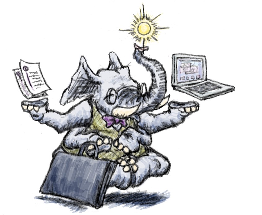 illustration of Illustration about balancing the demands of getting a job.
Elephant, Illustration, Editorial, Design, Illustrator, Art, Meditation, Portfolio, Calm, Computer, Insight, Resume, Bow Tie, Floating, Fantasy, Character Design, Peaceful, Peace, Four Arms, Animals, Business