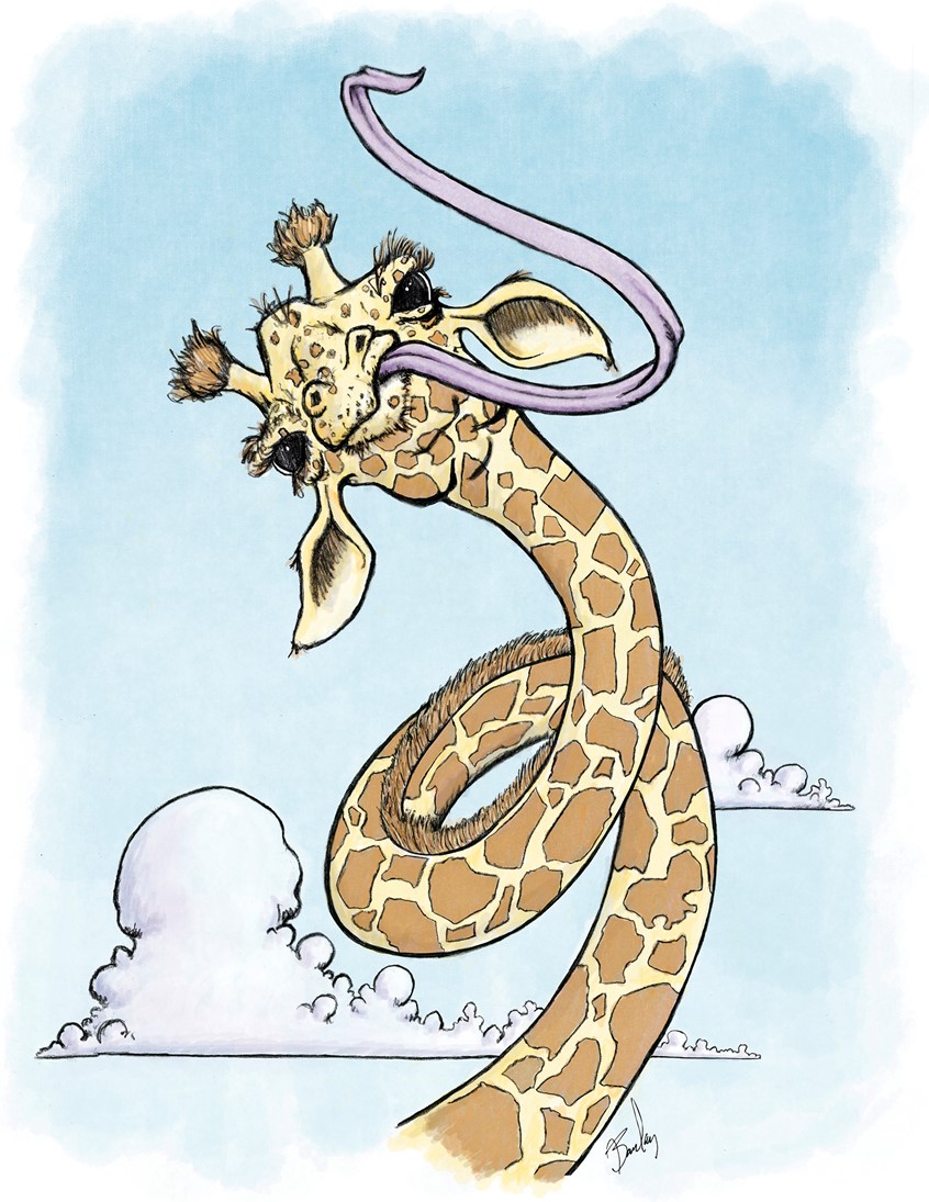 illustration of As a way to provide educational tools for teachers during the COVID 19 Pandemic, I was asked to illustrate a series of coloring pages for the Vermont Public Radio podcast, But Why a podcast for Curious Children. This one is for the episode Why do Elephants have Trunks and Why are Giraffe's Tongues Purple? Giraffe, Twisted, Neck, Illustration, Illustrator, Designer, Graphic Design, Line Art, Coloring Page, Drawing, Spots, Humor, Fun, Fanciful, Whimsical, Happy,