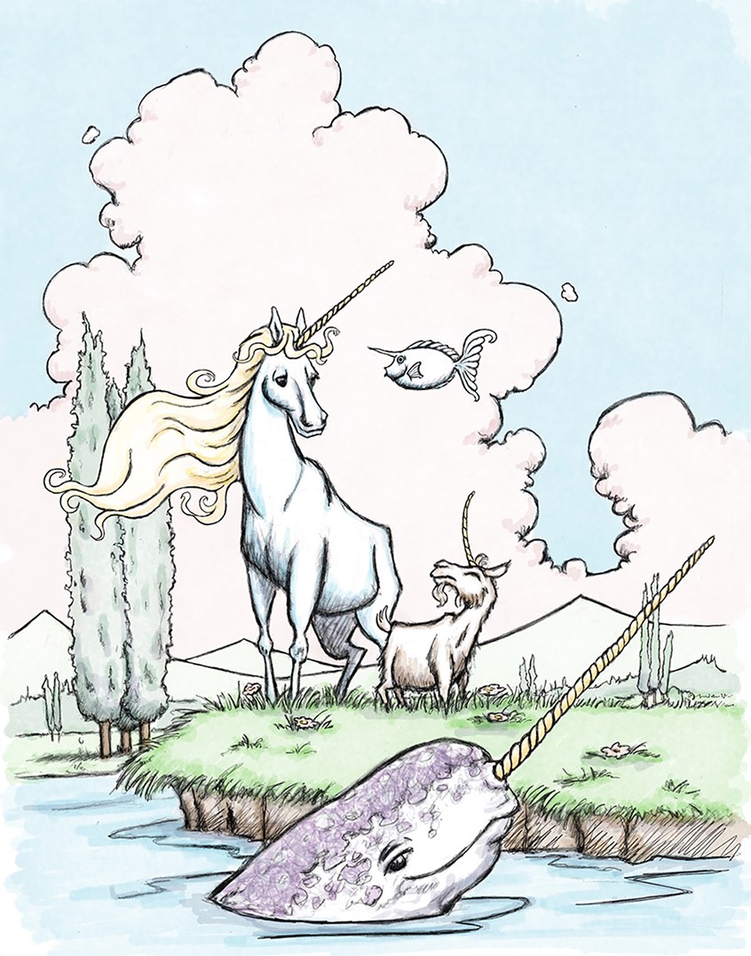 illustration of As a way to provide educational tools for teachers during the COVID 19 Pandemic, I was asked to illustrate a series of coloring pages for the Vermont Public Radio podcast, But Why a podcast for Curious Children. This one is for the episode Are Unicorns Real? Unicorn, Narwhal, Fish, Goat, Illustration, Illustrator, Designer, Graphic Design, Line Art, Coloring Page, Mythical Creatures, Fantasy, Landscape, Clouds, Trees, Horn, Magical Creatures, Magic, Myth,