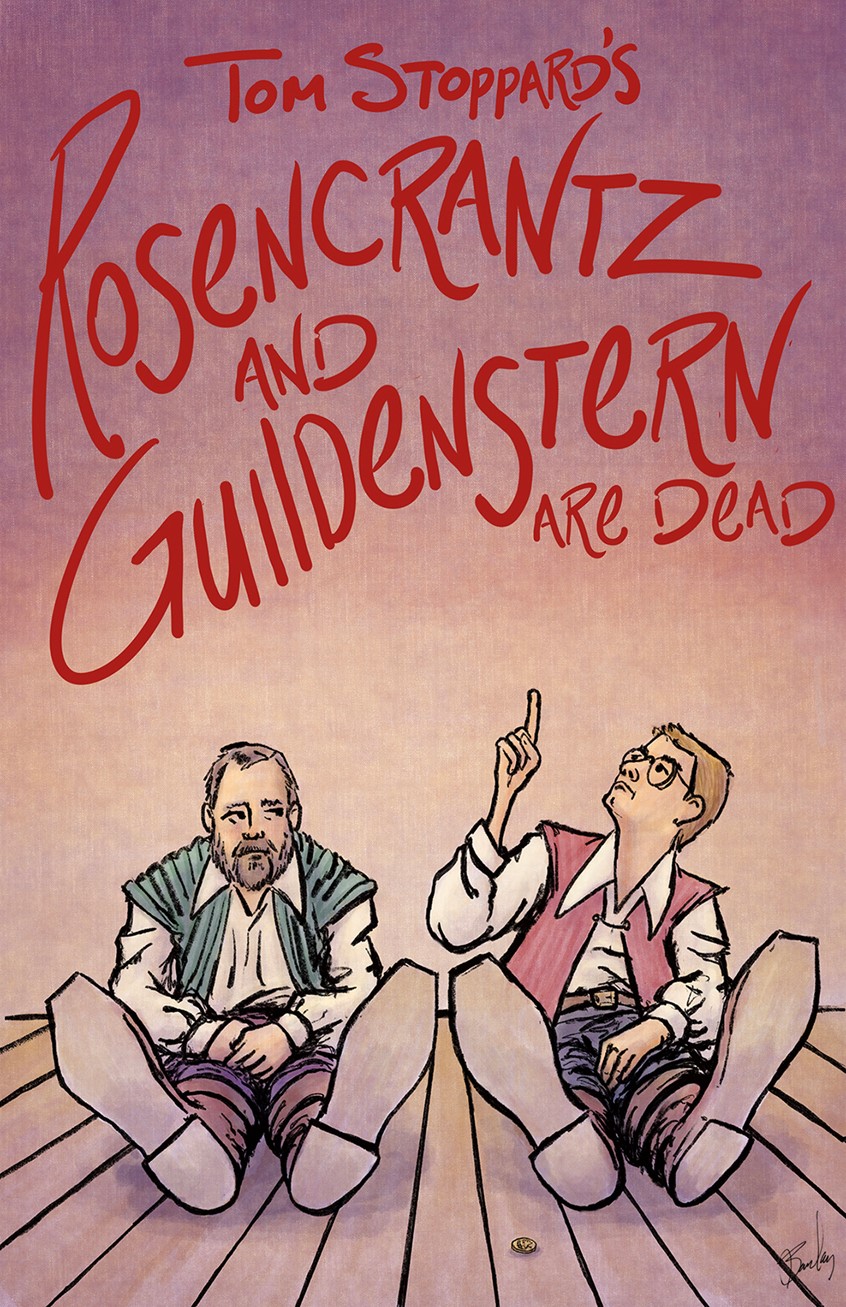 illustration of Theater Poster for the Comedy Rosencrantz and Guildenstern are Dead, by Tom Stoppard. I captured the impending doom of the two characters by having them sit at a sunset as if half way in the grave. Theater, Play Poster, Design, Illustration, Lamp Post, Night, Art, Graphic Designer, Illustrator, Artist, Procreate, Men, Shakespeare, Fantasy, Comedy, Theatrical, Stage Production, Humorous, Fun,