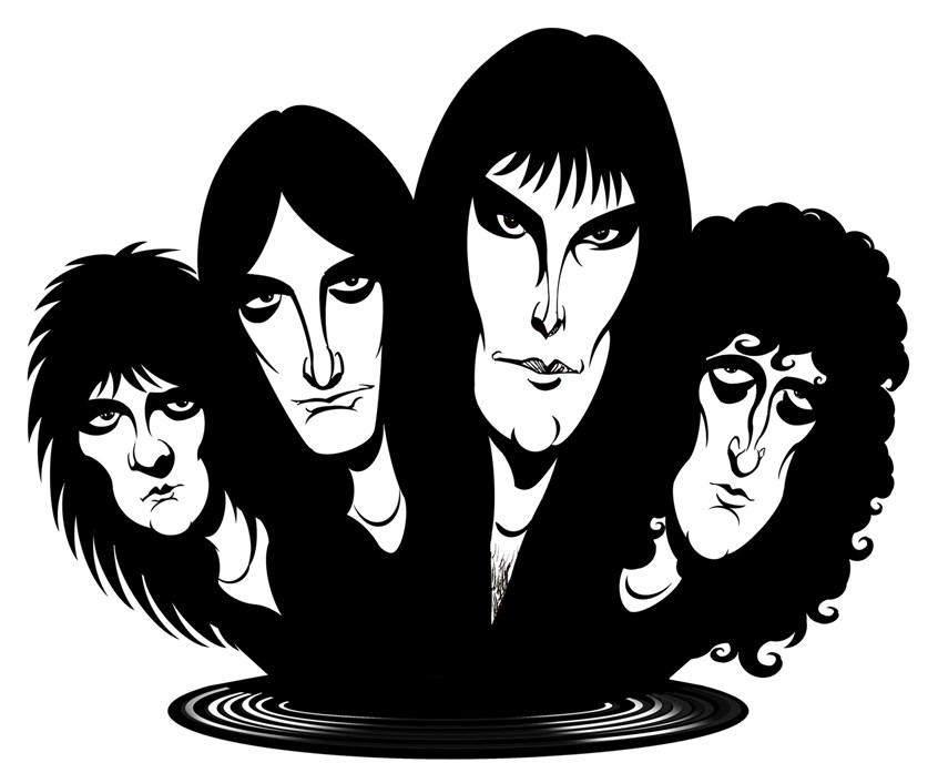 illustration of ‘70s style’ caricature of the British rock band (from left: drummer Roger Taylor, bassist John Deacon, singer Freddie Mercury and guitarist Brian May)