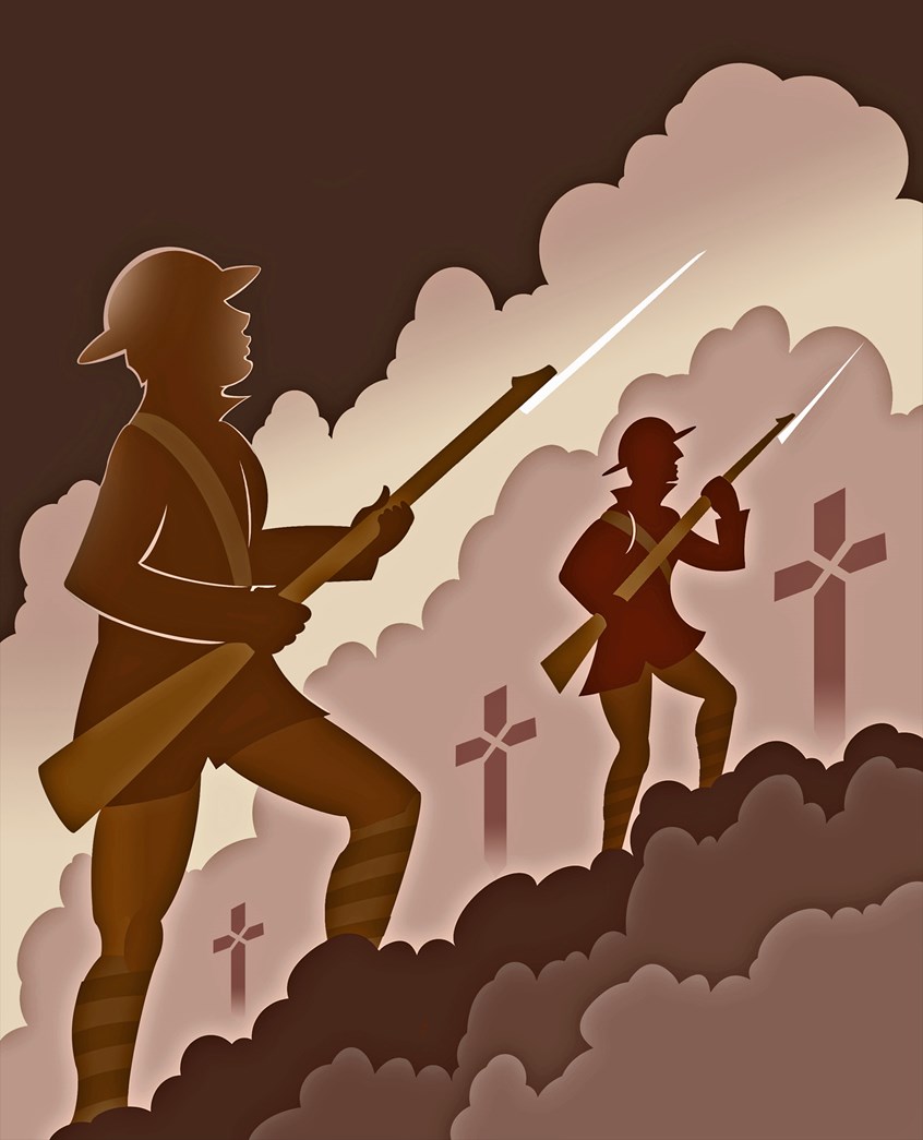 illustration of British soldiers at the battle of the Somme - from a series of picture library images created for the centenary of the First World War; here the idea was to portray the 'doomed' infantry men, and depict them almost as spirits walking through a mustard gas cloud, or even a ghostly cemetery of crosses