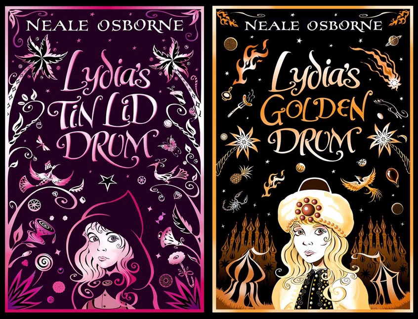 illustration of complementary cover designs for my pair of food-themed children’s novels: the sweetie world of ‘Lydia’s Tin Lid Drum’ and the spicy, Arabian Nights-inspired sequel ‘Lydia’s Golden Drum’ (Oxford University Press, 2009 / 2013)