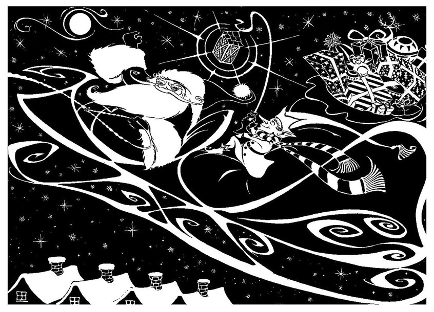 illustration of Father Christmas on a gift-laden sleigh, with an elf holding a lantern as he flies over the moonlit rooftops delivering presents - Christmas card commission from the UK employment agency Pertemps People Development Group