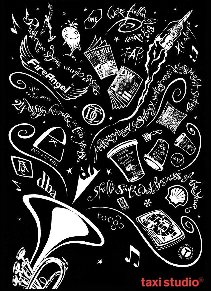 illustration of 2005 poster commission from UK design company the Taxi Studio depicting their many achievements and awards. Amazingly, no computer was used in the making of this image, as it would be at least a couple of years before I got into the ‘laptop habit’ - so, it was just me and my little dip pen and paintbrush (!)