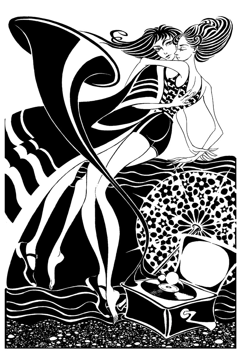 illustration of my own stylistic re-working of an archive image of ‘two midinettes dancing on the beach, to the music of a gramophone’, a 1929 French illustration by 'La Vie Parisienne' artist Georges Pavis; I greatly exaggerated the gramophone horn and the elegance of the figures, giving the illustration a more Art Nouveau look, while stressing the attractive patterns of the parasol, the ladies' hairstyles and swimming costumes, plus the stave-like waves of the sea.