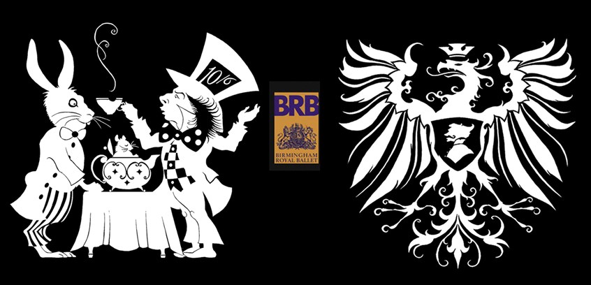 illustration of These were two of four images commissioned by the Birmingham Royal Ballet that were used as back projections for performances of Sir Frederick Ashton’s ‘Divertissements’, a quartet of short ballets that included ‘Tweedledum and Tweedledee’ - hence the ‘Alice’ imagery. The heraldic crest was for a ballet set to the Habsburg-era music of Johannes Brahms.