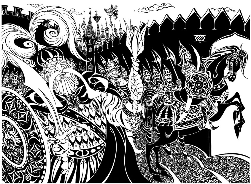 illustration of An illustration for ‘The Golden Cockerel’, the satirical opera by Rimsky-Korsakov (to a story by Alexander Pushkin). The image formed part of my month-long ‘Mariinsky’ exhibition, created as a celebration of Russian music to coincide with a series of concerts (at Symphony Hall, Birmingham) by the Mariinsky Orchestra and Opera under the direction of maestro Valery Gergiev