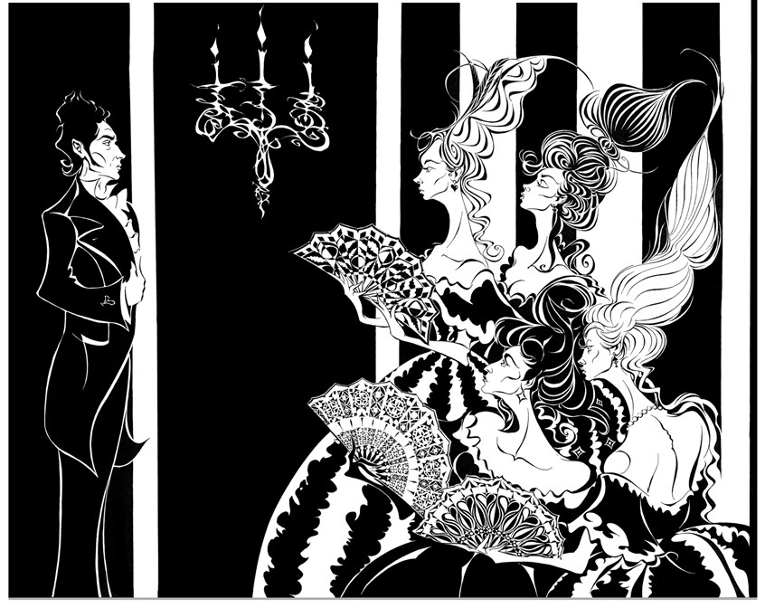illustration of the title character from ‘Eugene Onegin’, the opera by Tchaikovsky (to a text by Pushkin) - here shown facing a quartet of female admirers with suitably aristocratic airs, not to mention eccentric hair. The complete image is three times as tall, and goes right up to a decorative chandelier; it was created for my ‘Mariinsky’ exhibition at Symphony Hall, Birmingham, in 2006