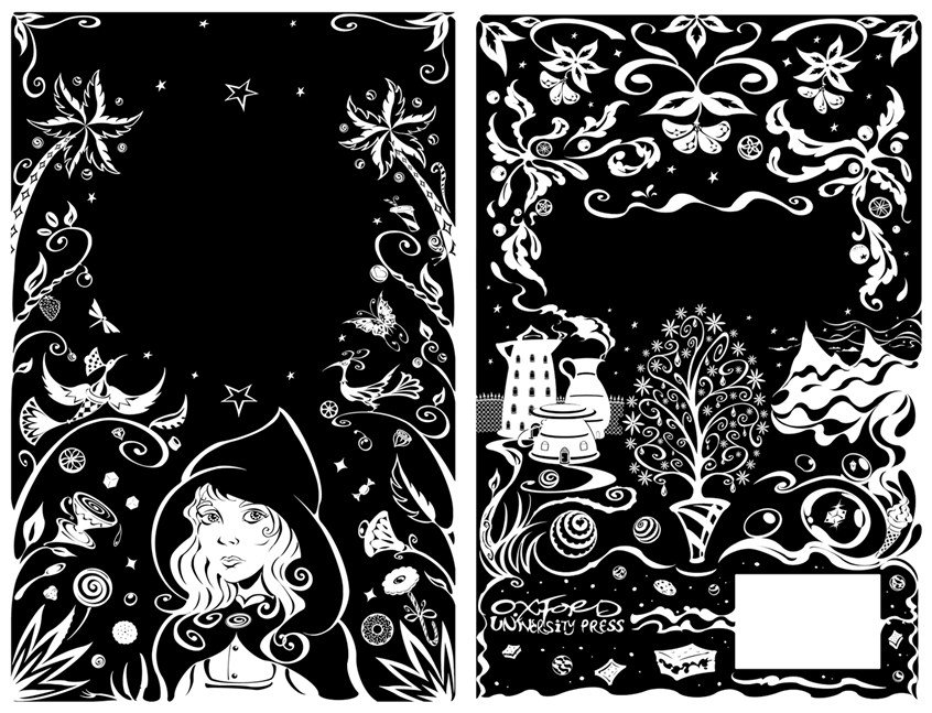 illustration of the original black-and-white jacket illustrations (before coloring) from my debut children’s novel ‘Lydia’s Tin Lid Drum’ - for Oxford University Press, 2008 - showing the various confectionery themes, the truffle forest, biscuit strata, pear drops, ice-cream and jelly mountains, the tea set city and sweet-trees and fauna of the Mixakoko jungle - oh, and Lydia in her hooded cloak
