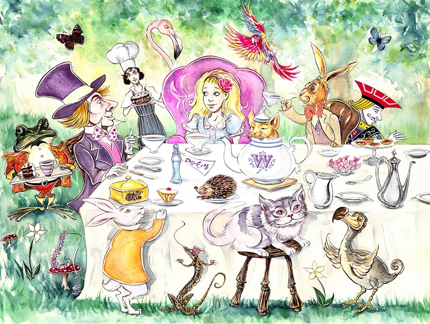 illustration of composite illustration, commissioned by Whittard of Chelsea, depicting a whole host of characters (the cook, frog footman, the hatter and march hare, the dodo, white rabbit, knave of hearts, flamingo, parrot, Bill the lizard, the caterpillar, Cheshire Cat, the dormouse in a teapot) from Lewis Carroll’s ‘Alice in Wonderland’ - for use on biscuit tins, tea trays etc.