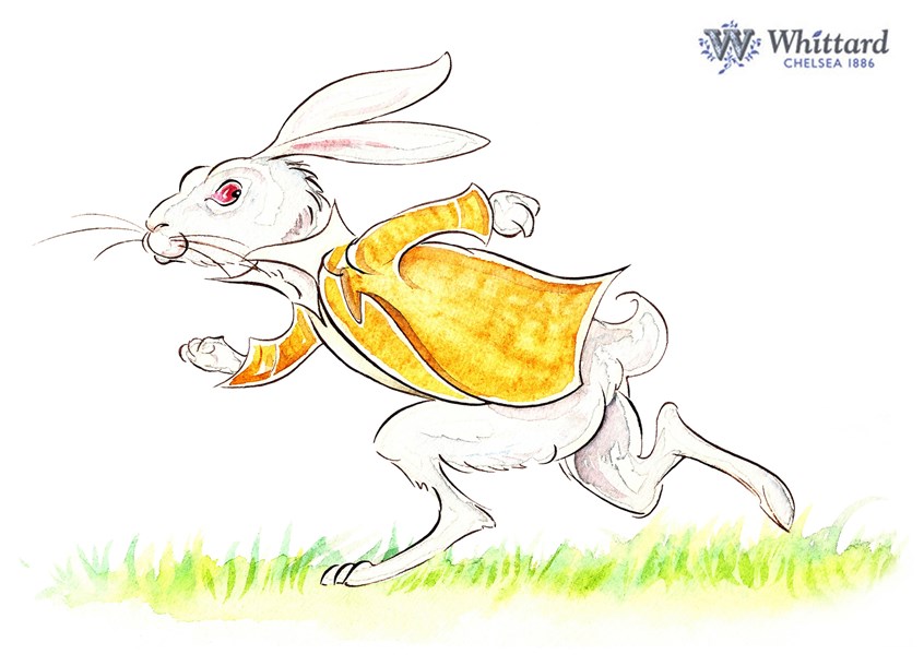 illustration of one of many illustrations, for Whittard of Chelsea, on the theme of ‘Alice in Wonderland’ and the Mad Hatter’s Tea Party; this image of the White Rabbit went on the side of a mug (with Alice chasing him on the other side)