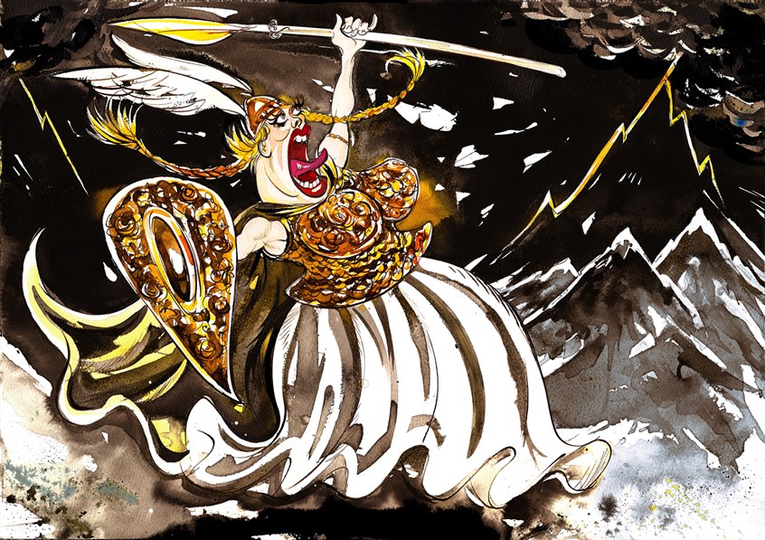 illustration of Wagnerian opera character Brunnhilde - complete with winged helmet, shield, spear and big brass bosom - ‘singing’ her aria out on a storm-swept, lightning-lashed mountaintop - BBC Proms Program, 2020