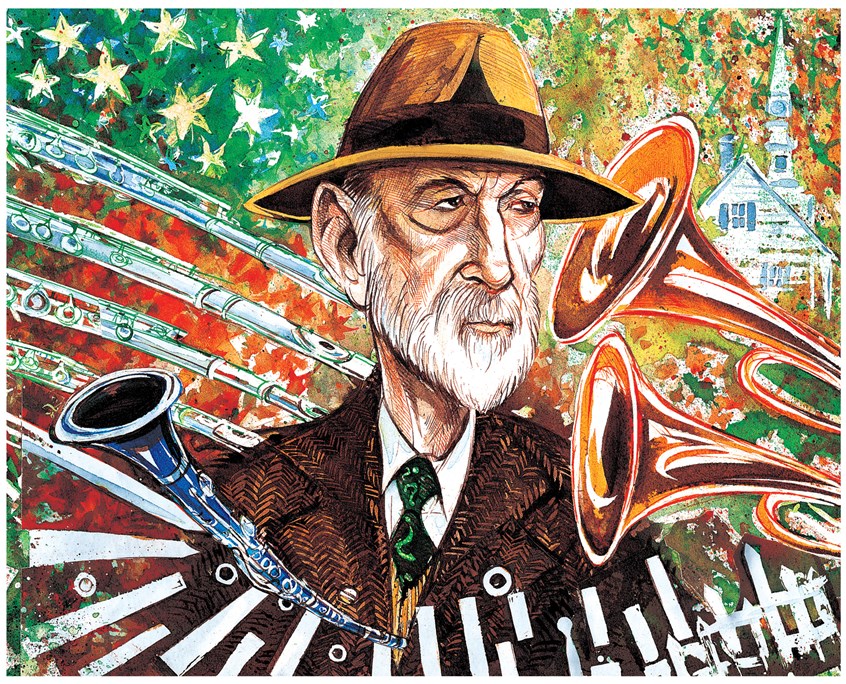 illustration of caricature of the maverick American composer - with reference to Ives’ New England background, plus his stylistic innovations fusing marching band music, church hymns etc - commissioned by ‘The Gramophone’ magazine