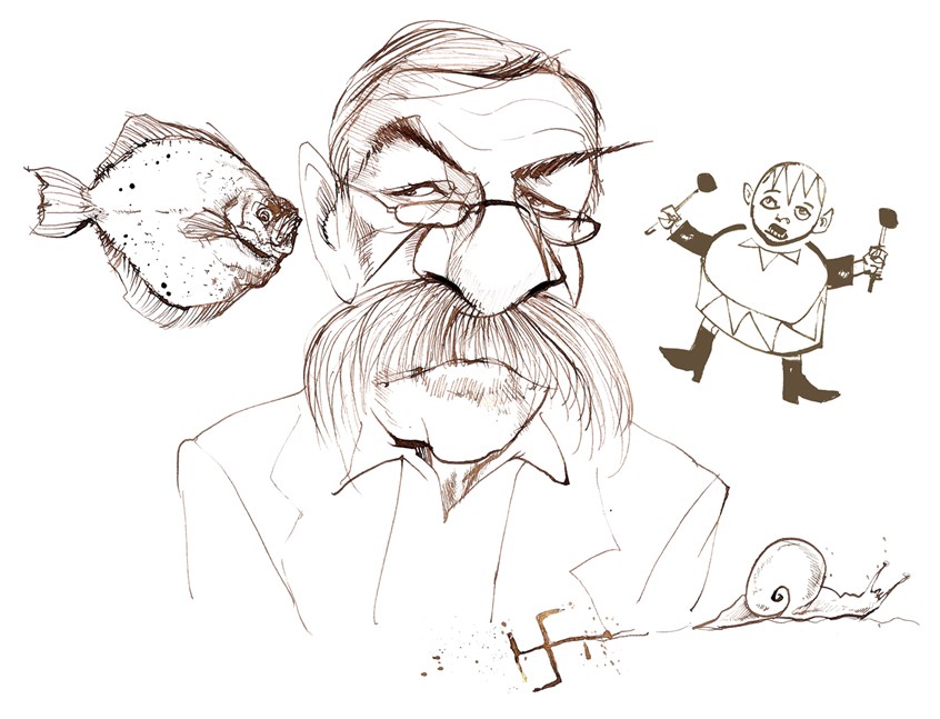 illustration of caricature of the Nobel-prize-winning German author, with reference to his books 'The Flounder’, 'From the Diary of a Snail’ and, of course, 'The Tin Drum’. It was this 1957 book that was to be the initial inspiration for my own children’s novel ‘Lydia’s Tin Lid Drum’.