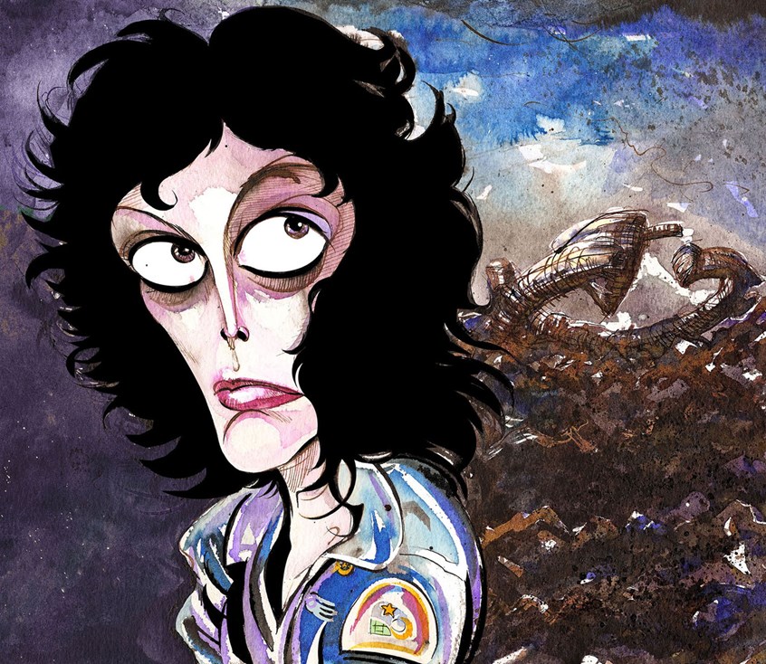illustration of caricature of the American actress Sigourney Weaver, as Ellen Ripley in Ridley Scott’s sci-fi horror movie ‘Alien’ - looking ominously at the ‘HR Giger spaceship’ in the background