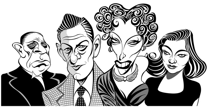 illustration of stylized caricatures of the four stars of Billy Wilder’s 1950 movie ‘Sunset Blvd.’
From left to right: Erich Von Stroheim as Max Von Mayerling, William Holden as Jon Gillis, Gloria Swanson as Norma Desmond, and Nancy Olson as Betty Schaefer.