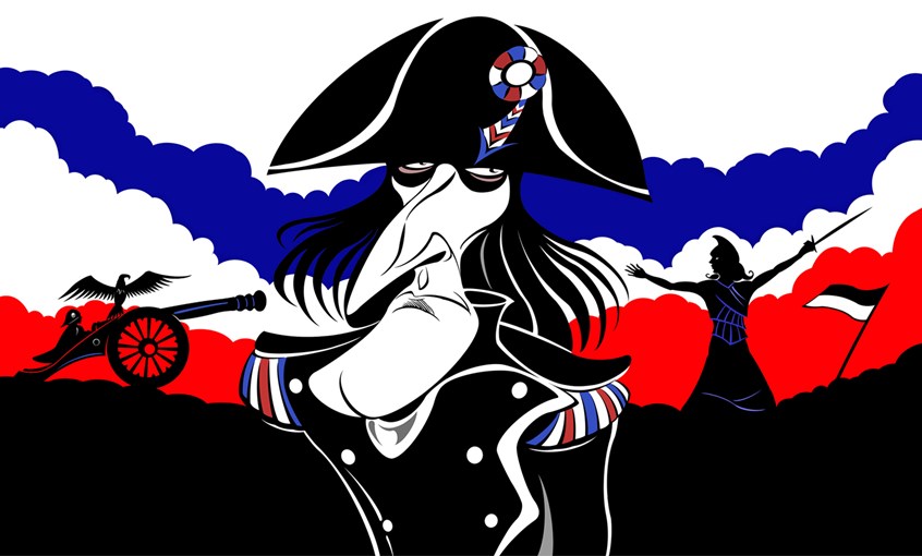 illustration of caricature of actor Albert Dieudonné as Bonaparte from the classic 1927 silent epic 'Napoleon' (directed by Abel Gance). The triptych nature of the picture - with its background of eagle, cannon (with its 'wheel of destiny' motif), Lady Liberty and battlefield - refers to the famous final sequence of the film which is split into three screens, like the French tricolore flag.