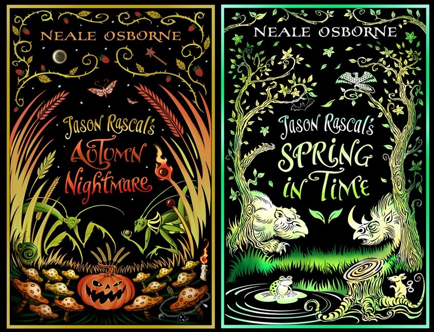 illustration of cover designs for two books in a series of self-penned fantasy novelettes - 'Spring in Time' and 'Autumn Nightmare' - one with an evolutionary theme, featuring prehistoric mammals (including a wooly rhinoceros and megatherium), woodland creatures, and dinosaurs galore; the other a creepy Hallowe'en-themed tale with giant insects (moths, mantids, spiders, grasshoppers), black magic pumpkins and lots of black humour (!)