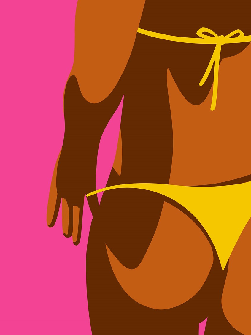 illustration of beach, relaxation, relax, holiday, shore, sand, bathing, bikini, sun, sunbathing, leisure, casual, ocean, travel, traveling, sky, paradise, summer, sea, nature, sunrise, water, vacation, swimming, chill, sunny, beachlife, beauty, tan, tanned, wellbeing, landscape, bold, flat, editorial, print, fashion, wellness, woman, girl, skin, pop art, lifestyle, recovery, product, consumer goods, licensing, marketing, brand, branding, packaging, commercial, advertising, print, retro, swimsuit, swimwear.