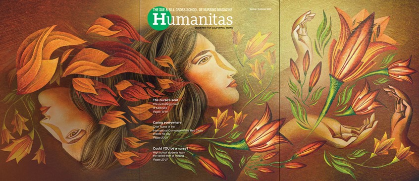 illustration of A Call to Meaning (Humanitas Magazine, The Sue & Bill Gross School of Nursing Magazine, University of California, Irvine).
Amid the threat of moral injury and burnout, fulfillment is still at the core of nursing.
Burnout, Flowers, Figure, Face, Health, Nursing, Woman