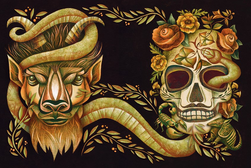 illustration of Under the Volcano (Suntup Editions)
One of the greatest novels of the 20th century, “Under the Volcano” is Malcolm Lowry’s powerful and lyrical statement on the human condition, and a brilliant portrayal of one man’s constant struggle against the forces that threaten to destroy him.
Day of the Dead, Dia de los Muertos, La Catrina, Mexico, Novel, 20th Century Classic Literature
Alcoholism, Existentialism, Decent, Darkness,
Tragedy, Destruction, Divine, Love, Volcano, Palm, Garden, Bird