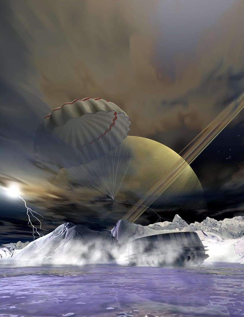 illustration of 3D digital illustration depicting the landing of Huygens on one of Saturn's moons, called Titan, 3D illustration, CGI, Adobe photoshop images, Vector Images, Historical images, Technical Images, Science, Scientific images, Photorealism, Montages, Products, Maps, Animation, Scientific animation, Astronomy, People, Animals, Archeology, Architecture, Cutaways,