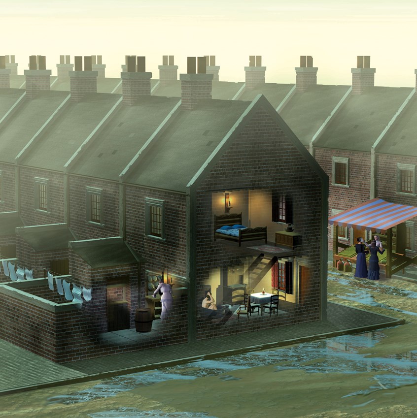 illustration of 3D rendering of row of houses circa 1800's, with cut-a-way showing the different rooms, done for Social Studies program, 3D illustration, CGI, Adobe photoshop images, Vector Images, Historical images, Technical Images, Science, Scientific images, Photorealism, Montages, Products, Maps, Animation, Scientific animation, Astronomy, People, Animals, Archeology, Architecture, Cutaways,