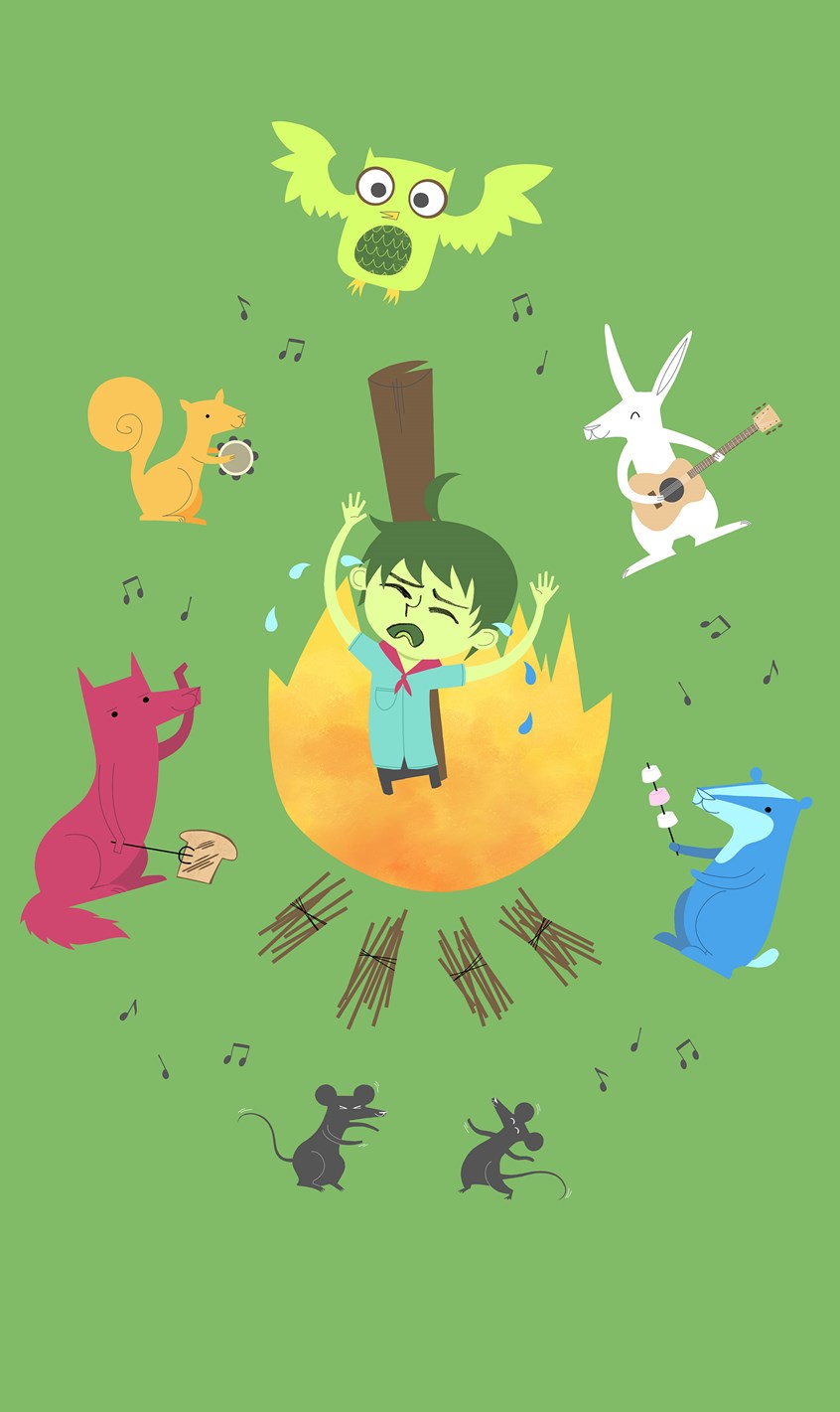 illustration of This boy scout isn't having fun by the campfire. The cute forest animals are having a fun party with dancing and music, however. Quirky, funny and a bit twisted and macabre.
