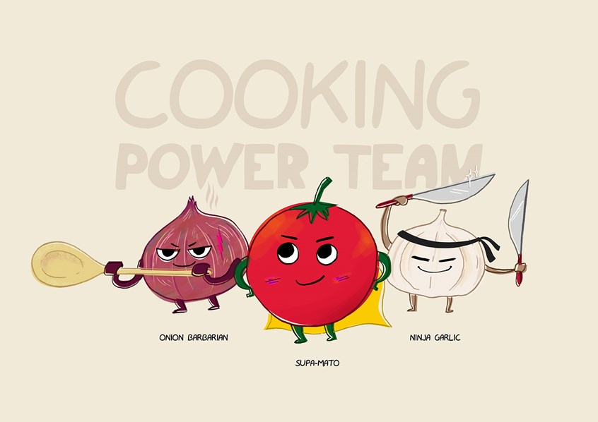 illustration of Onion Barbarian, Supa-Mato the tomato and Ninja Garlic. The ultimate saucy cooking superhero team! They'll make any recipe delicious and full of flavor. Cute vegetable character designs for the kitchen cook book.