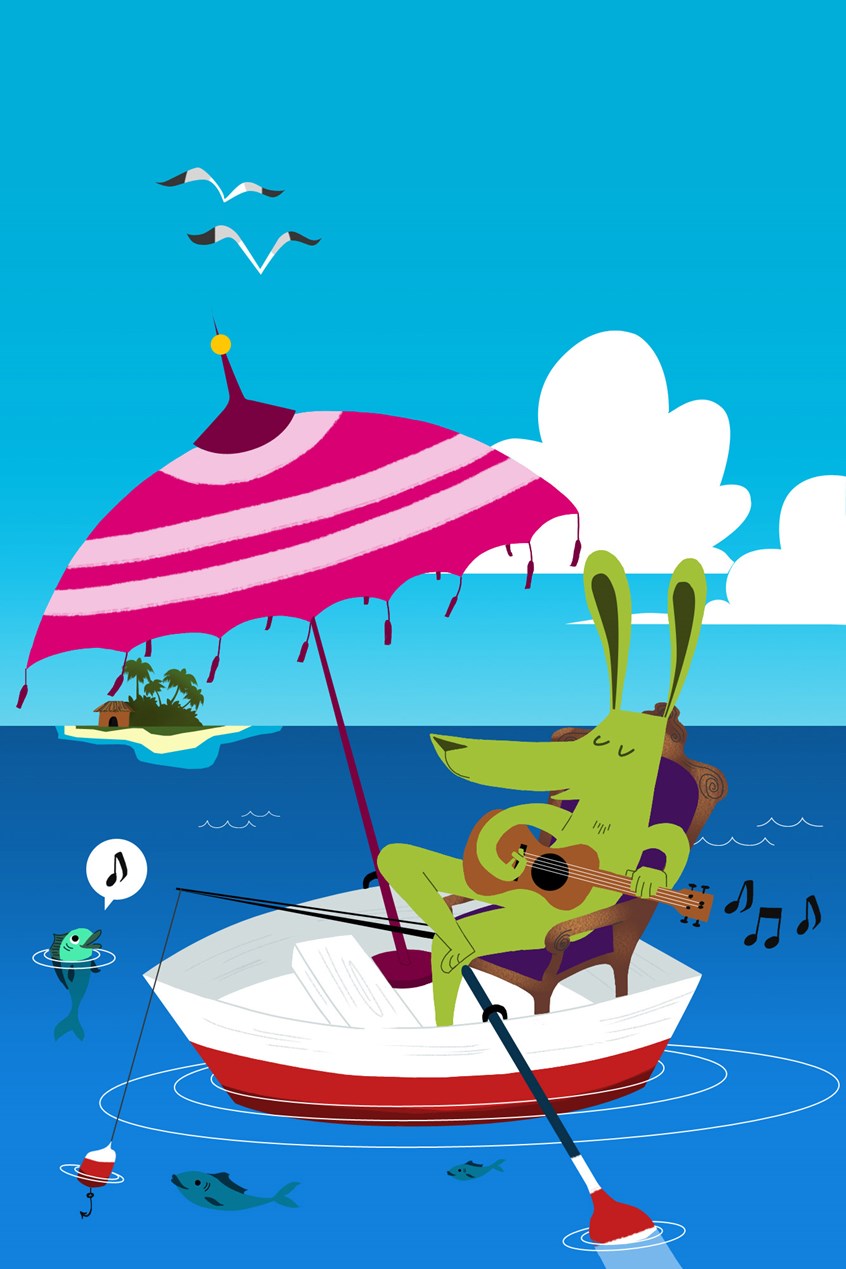illustration of Bright colorful ocean scene of dog creature character playing the ukulele on a sunny day out at sea on a little boat. Beachy, happy-go-lucky, musical vibes.