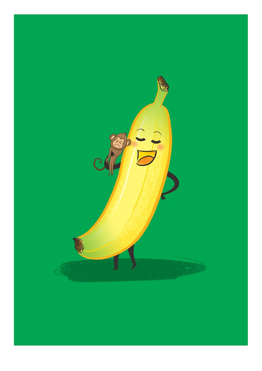 illustration of Cute yet twisted concept of your friendly neighbourhood fruit, a banana eating a monkey. Monkeys are a nutritious food, right (do monkeys contain potassium)? Bright colors, quirky character design should make you smile.