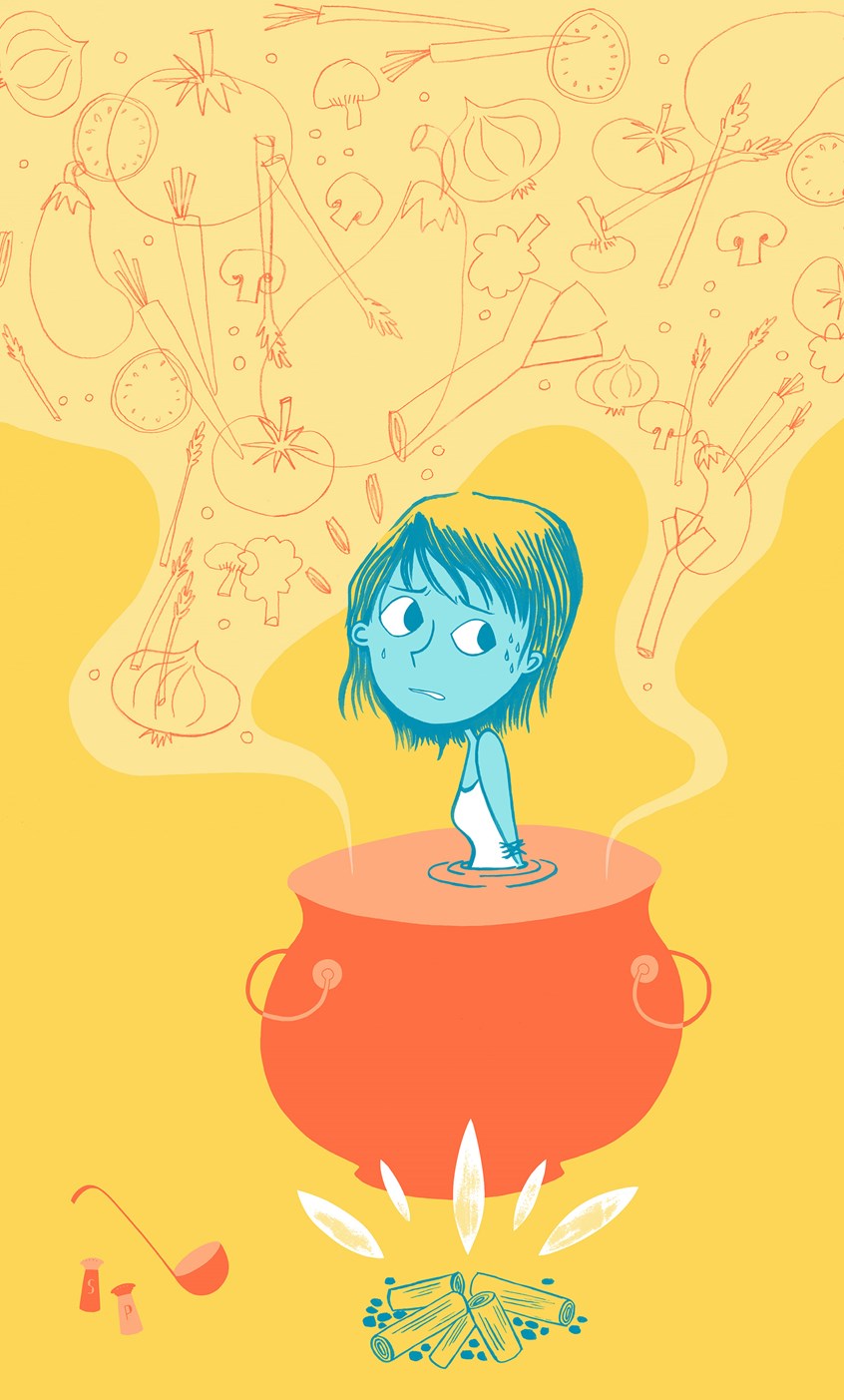 illustration of Cute yet macabre decorative illustration of girl being boiled in oil, with some line art vegetables. This cooking concept is fun, but a little bit twisted.
