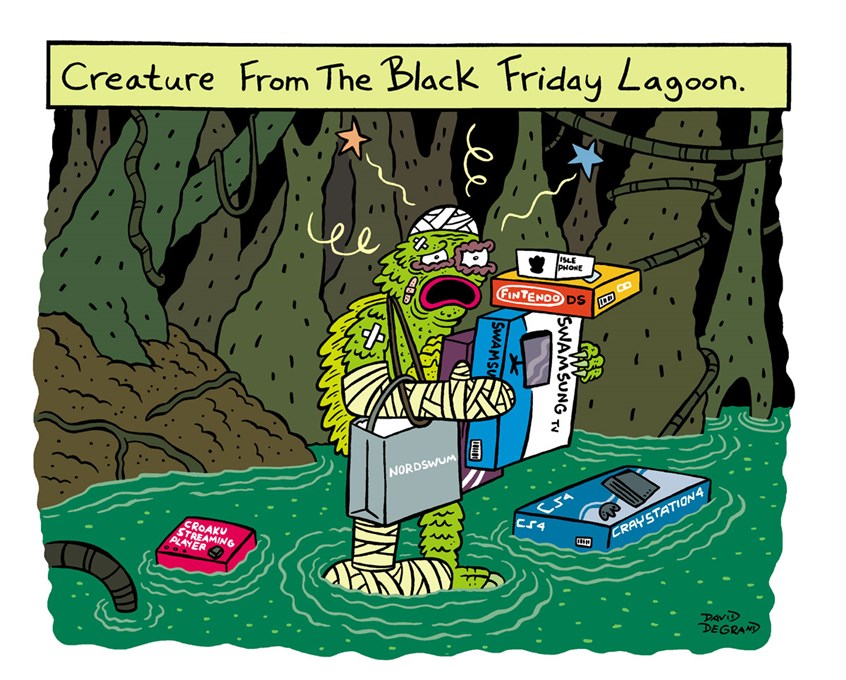 illustration of MAD Magazine
monsters, creature, swamp, Black Friday, Halloween, spooky, funny, Nintendo, games, shopping, Playstation, cast, broken leg, broken arm. injured, Samsung, lagoon