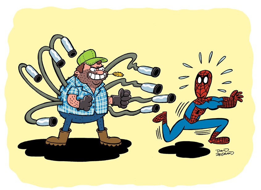 illustration of Illustration for MAD Magazine
Spider-Man, superhero, farmer, villain, hero, funny, spoof, parody, kids, silly, farmer, boots, gloves