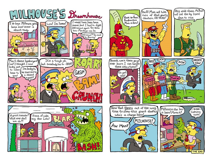 illustration of Two page spread for The Simpsons comic book from Bongo Comics.
Simpsons, Lisa, Milhouse, Radioactive Man, Duff Man, McBain, monster, dollhouse, action figures, toys