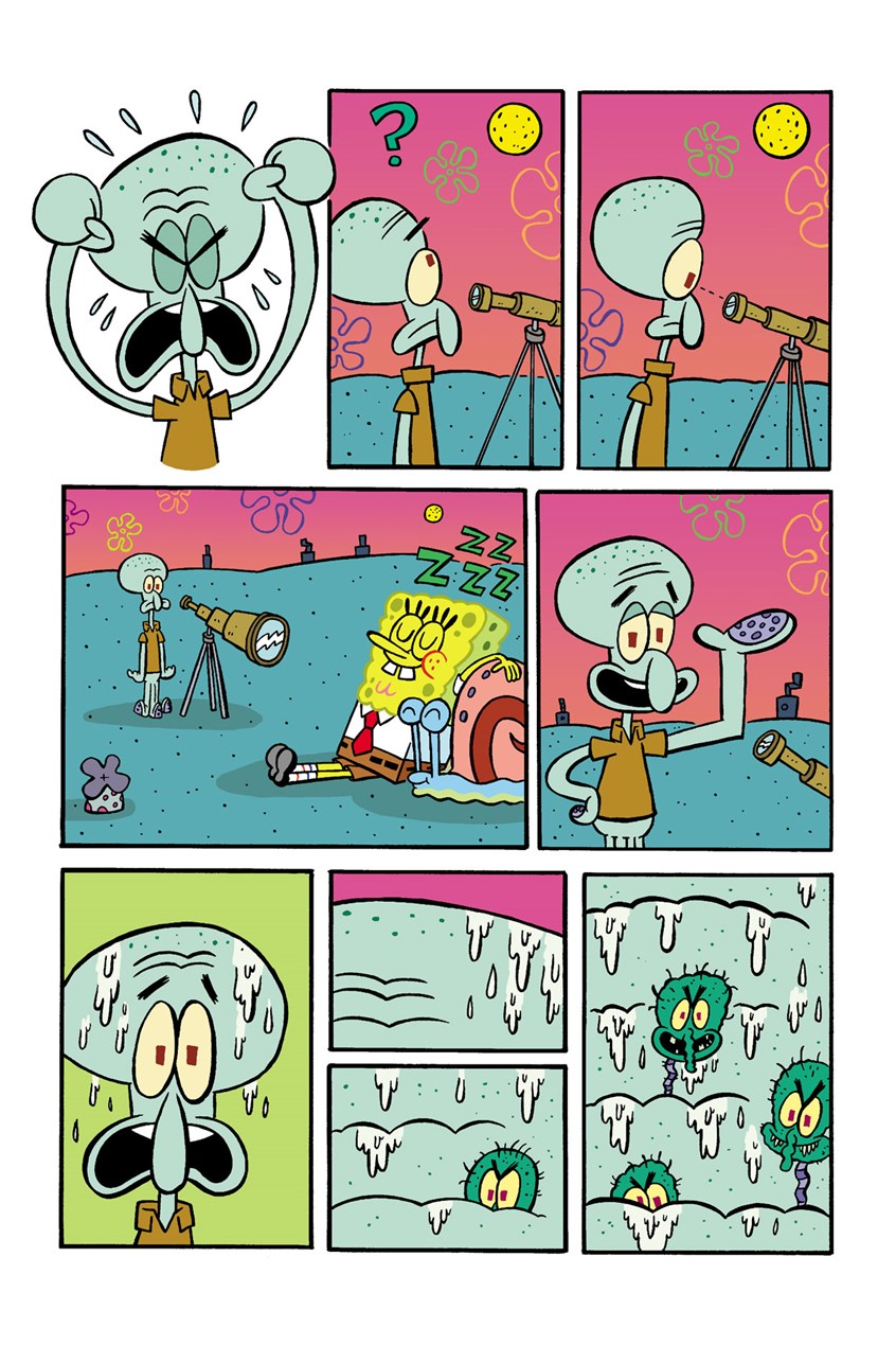 illustration of SpongeBob, Squidward, space, aliens, creatures, science fiction, moon, city, buildings, cartoon, funny, Gary, snail, microscopic, sweat, pores, scared