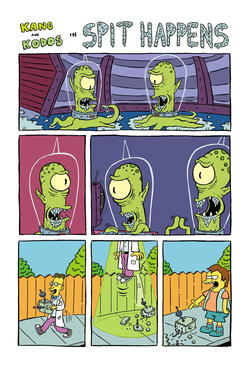 illustration of The Simpsons comic for Bongo Comics.
Simpsons, Kang, Kodos, aliens, monsters, drool, spaceship, UFO, science fiction, horror, scary, funny, gross
