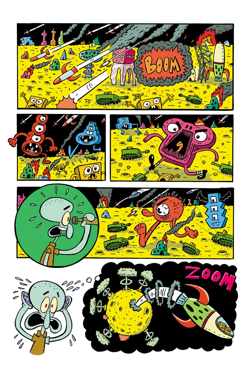 illustration of SpongeBob, Squidward, space, aliens, creatures, science fiction, moon, city, buildings, cartoon, funny, tanks, war, explosions, monsters, martians, rockets, missiles, bullets