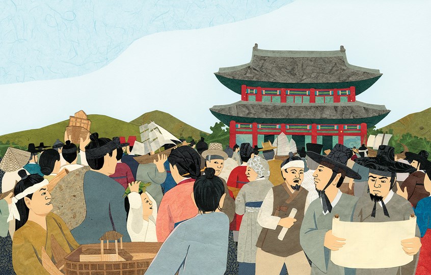 illustration of THE TURTLE SHIP is a historical fiction picture book published by Lee & Low Books. Set in 16th century Korea, a boy vies to win the king's contest for the greatest battleship design with inspiration from his pet turtle. In this scene, the boy and his family arrives at the palace.
Asia, Joseon dynasty, mob, crowd, publishing, asians, children's book, kid lit, journey, travel, place, asian, architecture, kid, paper collage, history, Orient, clothing, Colleen Kong-Savage.