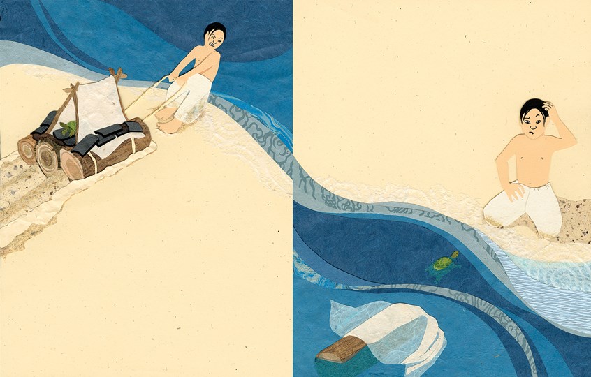 illustration of THE TURTLE SHIP is a historical fiction picture book published by Lee & Low Books. Set in 16th century Korea, a boy vies to win the king's contest for the greatest battleship design with a little inspiration from his pet turtle. In this scene, the boy tests his second ship model.
children's book, kid lit, turtle ship, Asia, publishing, Joseon dynasty, boat, raft, ocean, waves, beach, sand, sea, water, pull, effort, head scratch, asian kids, kid, reptile, ancient, Orient, Colleen Kong-Savage.