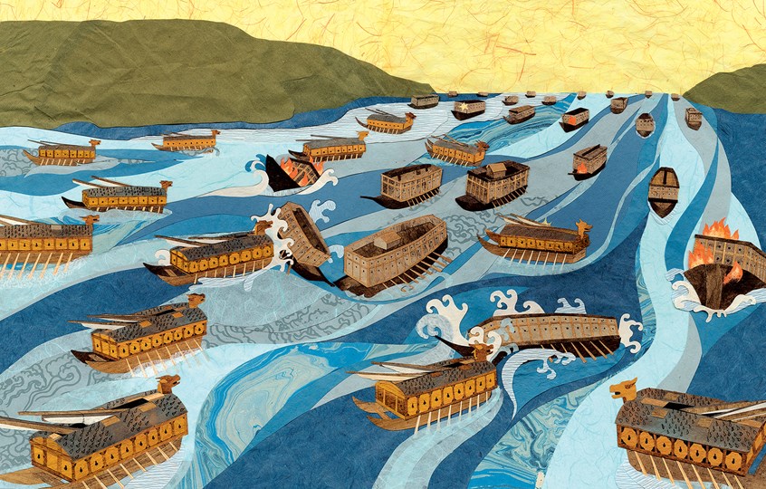 illustration of THE TURTLE SHIP is a historical fiction picture book published by Lee & Low Books. Set in 16th century Korea, a boy wins the king's contest for the greatest battleship with inspiration from his pet turtle. This illustration depicts the Battle of Myeongnyang.
Asia, Joseon dynasty, publishing, asians, children's book, kid lit, ocean, sea, waves, war, asian, Yi Sunsin, Korean, navy, boats, ships, boat, paper collage, ancient, history, Orient, Colleen Kong-Savage.