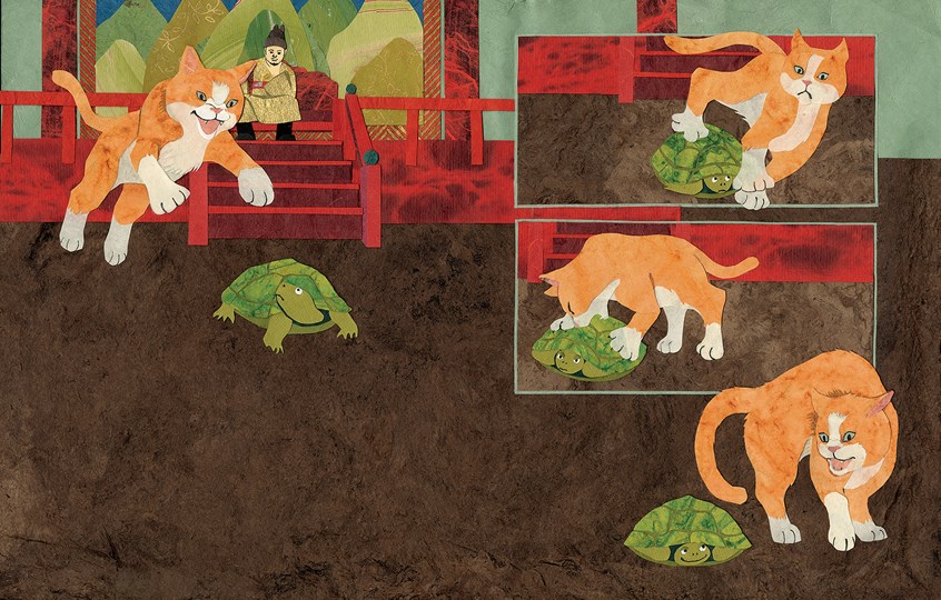 illustration of THE TURTLE SHIP is a historical fiction picture book published by Lee & Low Books. Set in 16th century Korea, a boy vies to win the king's contest for the greatest battleship design with inspiration from his pet turtle. In this scene, the turtle—small and slow—is safe in its shell as it is attacked by a cat.
Asia, court, Joseon dynasty, kitty, animals, jump, publishing, children's book, kid lit, asian, architecture, king, history, paper collage, ancient, Korean, Orient, Colleen Kong-Savage.