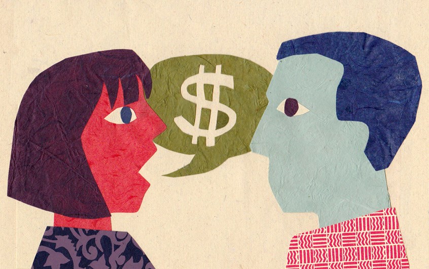 illustration of Financial Samurai is a popular personal finance blog site. Sam Dogen writes advice about investment and spending. He often invites guest writers to share their own perspectives on all topics involving money. This illustration was for my essay.
dollar, talk, negotiate, dialogue, raise, discussion, pay, employer, employment, business, cash, finances, paper, Colleen Kong-Savage.