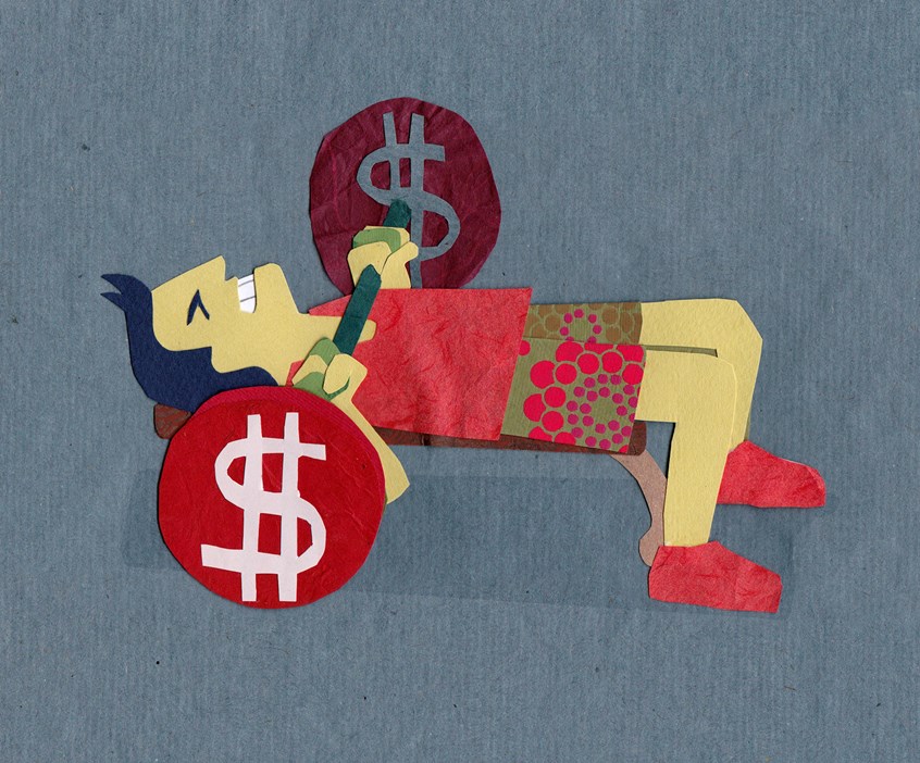 illustration of Illustration for an essay about private school tuition on Financial Samurai, a personal finance blog site.
weightlifting, debt, money, owe, gym, strength, weak, dollars, push, heavy lifting, dollar, raise, pay, credit card, bills, in the red, interest, business, cash, finances, paper, Colleen Kong-Savage.